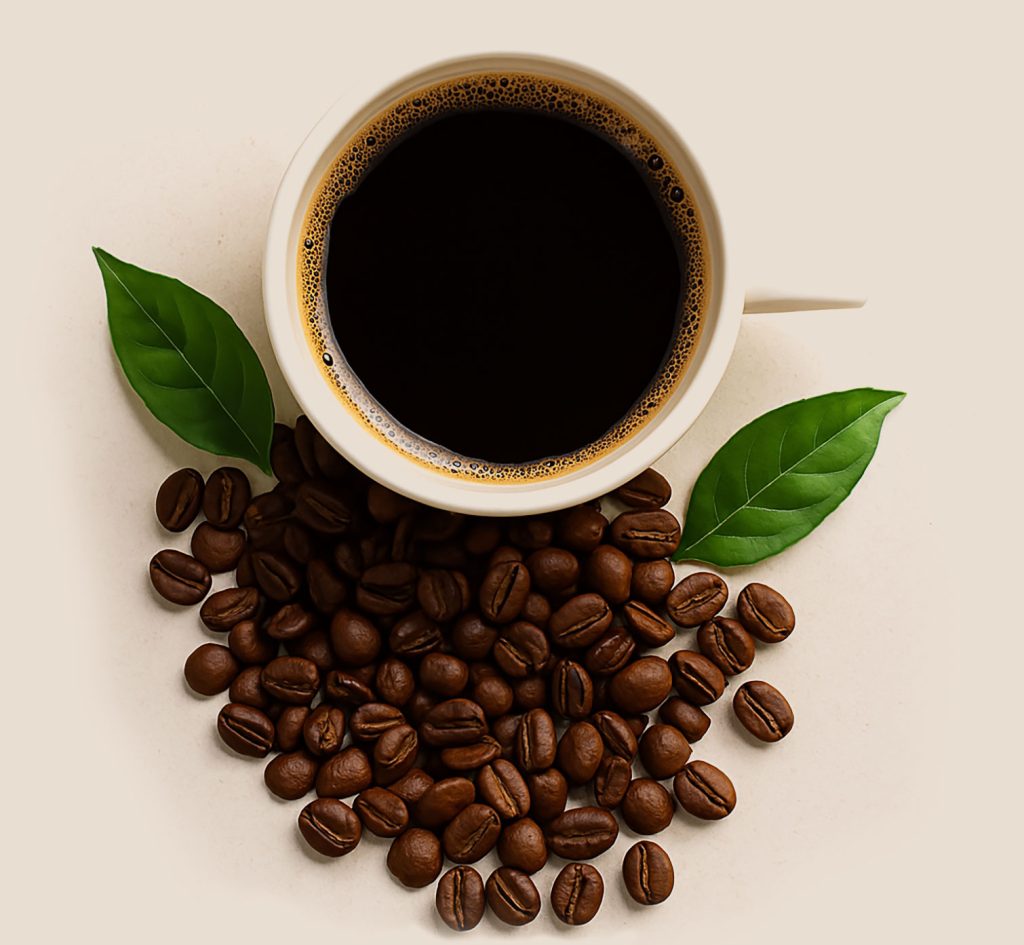 Top view of a white coffee cup surrounded by organic fermented beans and green leaves.